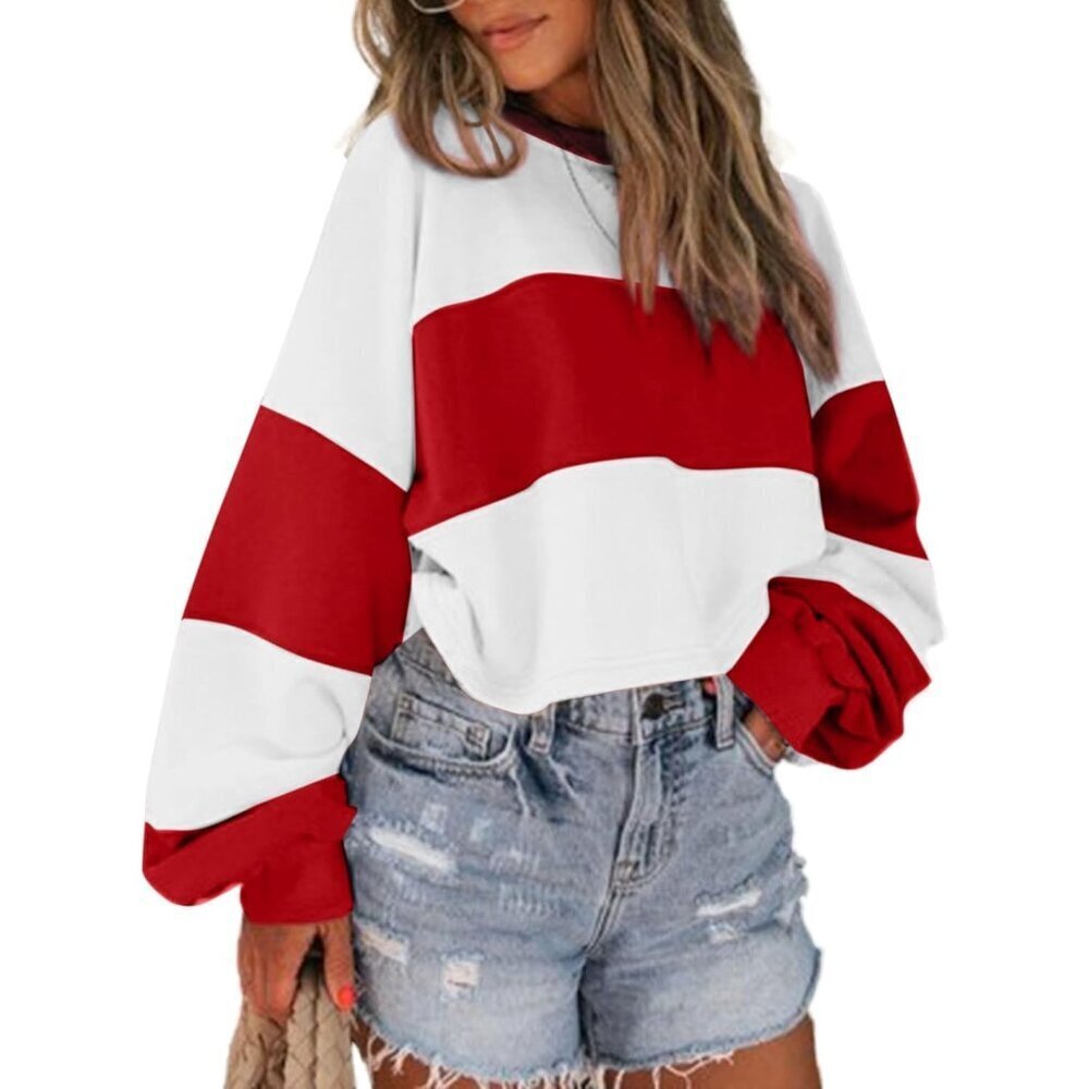 Women Color Block Striped Cropped Oversized Crewneck Sweatshirt Casual
